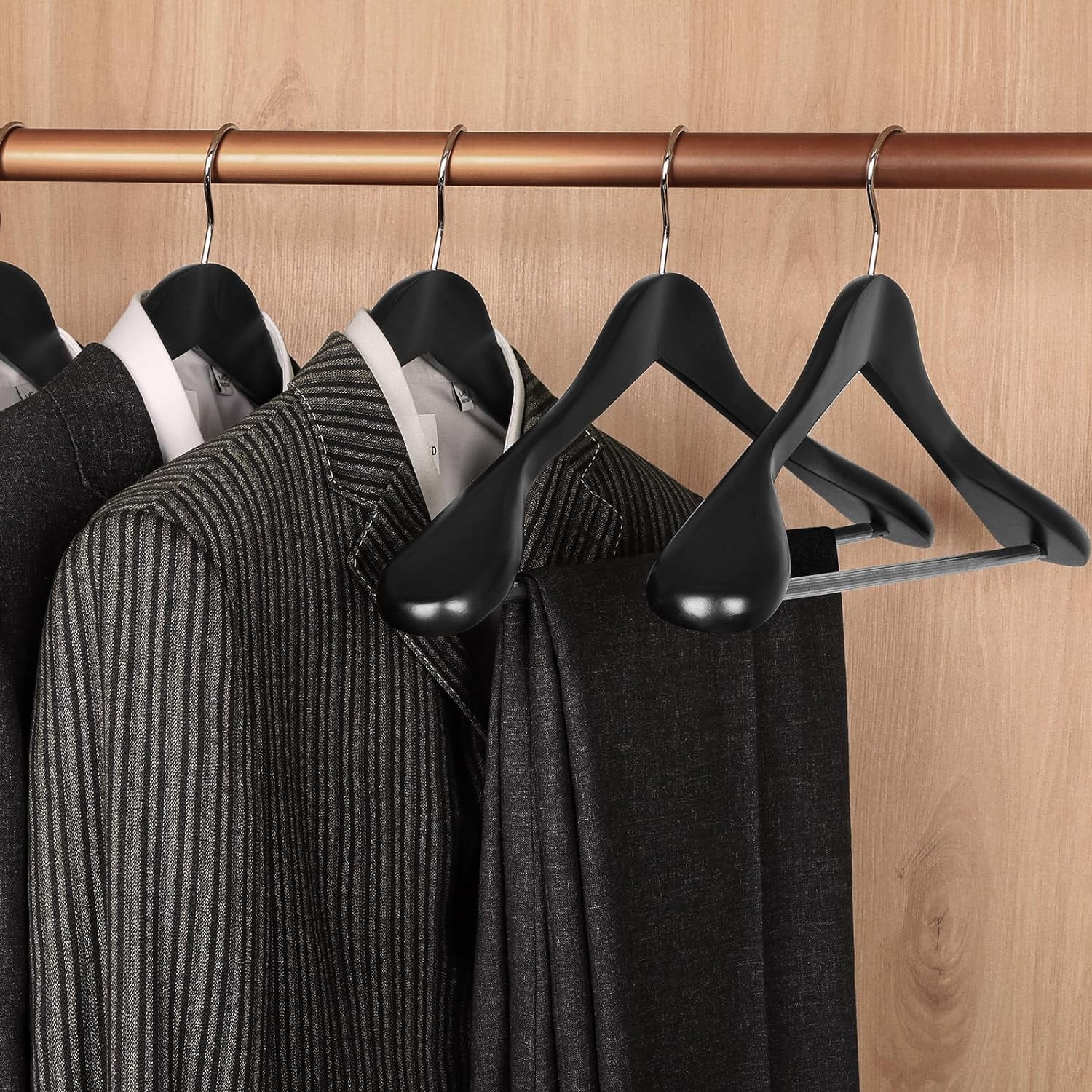 Solid Wood Wide Shoulder Suit Hangers with Non-Slip Pants Bar, 360 °   Swivel Hook, Heavy Duty Coat Hangers for Jackets, 10 Pack in Walnut