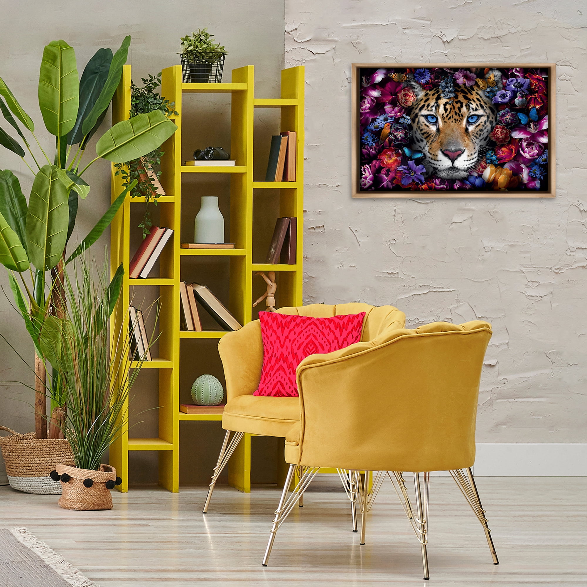 Stupell Industries Piercing Leopard Gaze Plants & Flowers Painting Brown Floater Framed Canvas Art Print Wall Art, 25 x 17