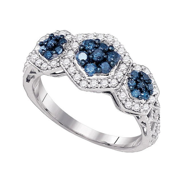 10k White Gold Womens Blue Color Enhanced Diamond Flower Cluster Ring 3/4 Cttw