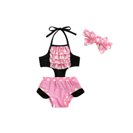 

Musuos Toddler Girls Summer Swimwear Hanging Neck Dot Print Bathing Suit Headband