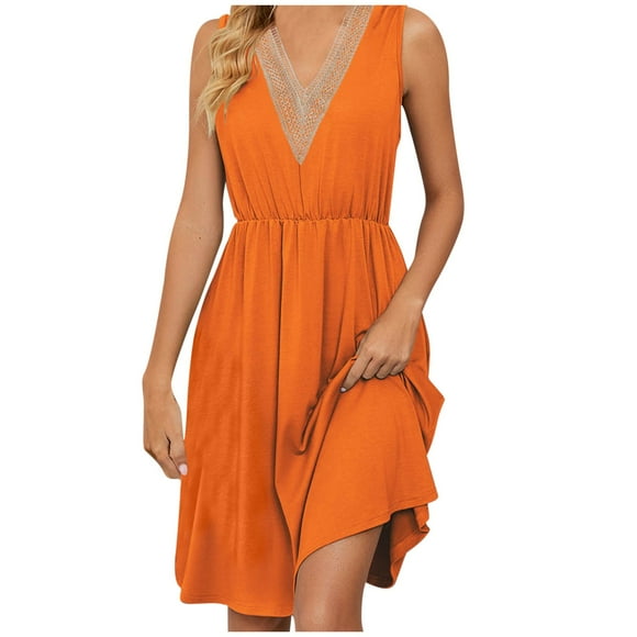 Staron Clearance Dresses for Women 2025 Casual Summer Lace V Neck Pleated Solid Color Dress Sleeveless Smocked Casual Sundress A Line Tiered Midi Dresses