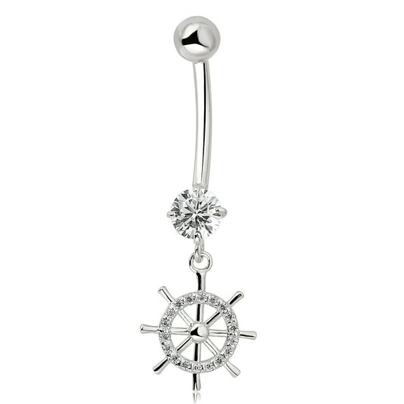 AVORA 10K White Gold Simulated Diamond CZ Nautical Ship Wheel Dangling Belly Button Ring Body Jewelry (14 Gauge)