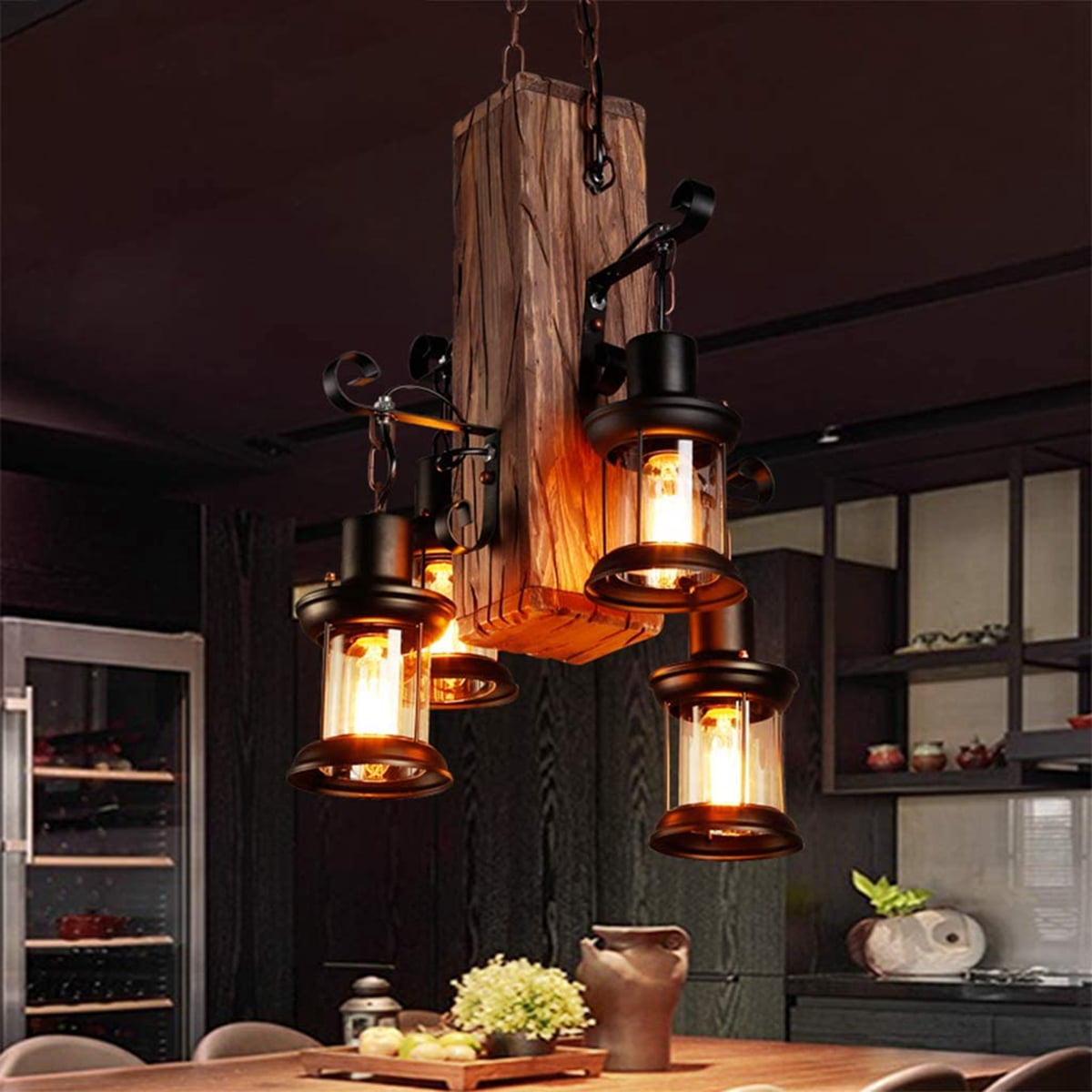 Chandelier Lighting Wooden Dining Light Farmhouse Rustic Pendant Ceiling Kitchen Flush Fixture Rope