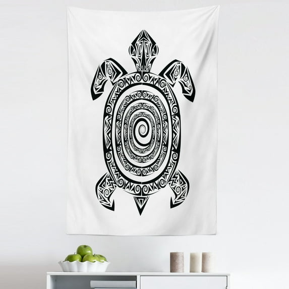 Black and White Tapestry, Monochrome Turtle with Spiral and Stripes on Bullseye Pattern Shell, Fabric Wall Hanging Decor for Bedroom Living Room Dorm, 5 Sizes, Black and White, by Ambesonne