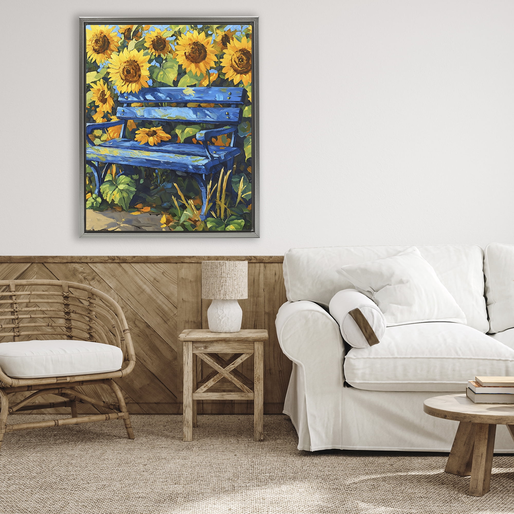 Stupell Industries Bench in Sunflower Field Gray Framed Floater Canvas Wall Art, design by Creative Studio