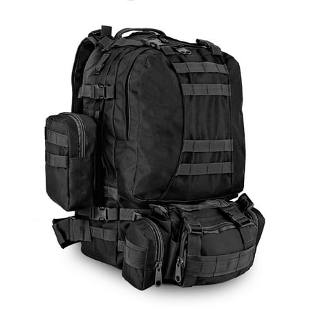3-in-1 Tactical Backpack (Black) 55L Large Army Assault Pack w/ Detachable Shoulder Messenger Bag 2 Side Packs, MOLLE Gear Attachment System, Bug-out Bag Daypack Rucksack for Outdoor Hiking (Best Bug Out Bag Backpack)