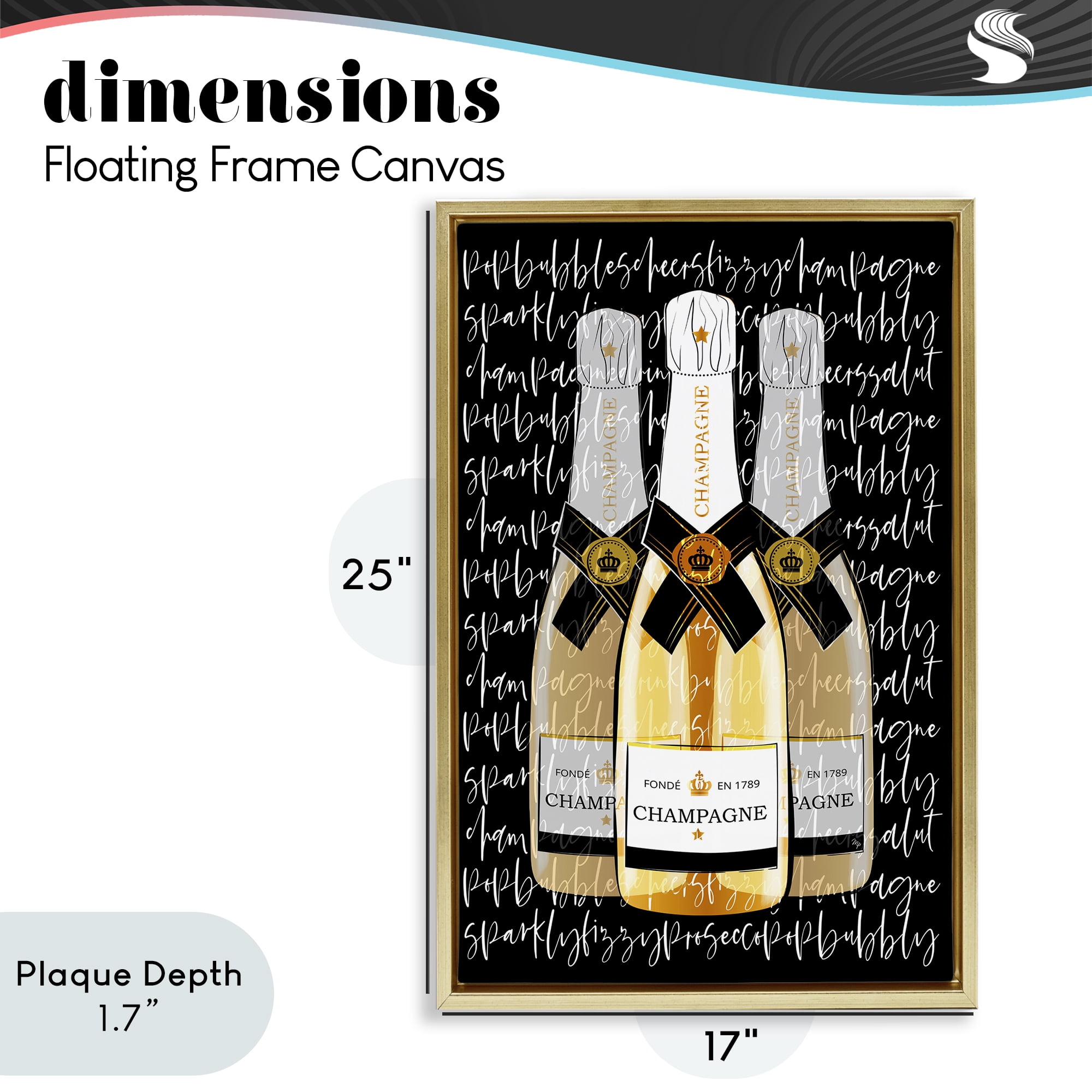 Stupell Industries Triple Champagne Bottle Love Gold Framed Floater Canvas Wall Art, design by Martina Pavlova
