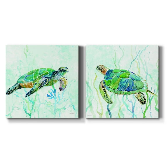 Sea Turtle Swim I - Premium Gallery Wrapped Canvas - Ready to Hang Set of 2 - 10 x 10 Each