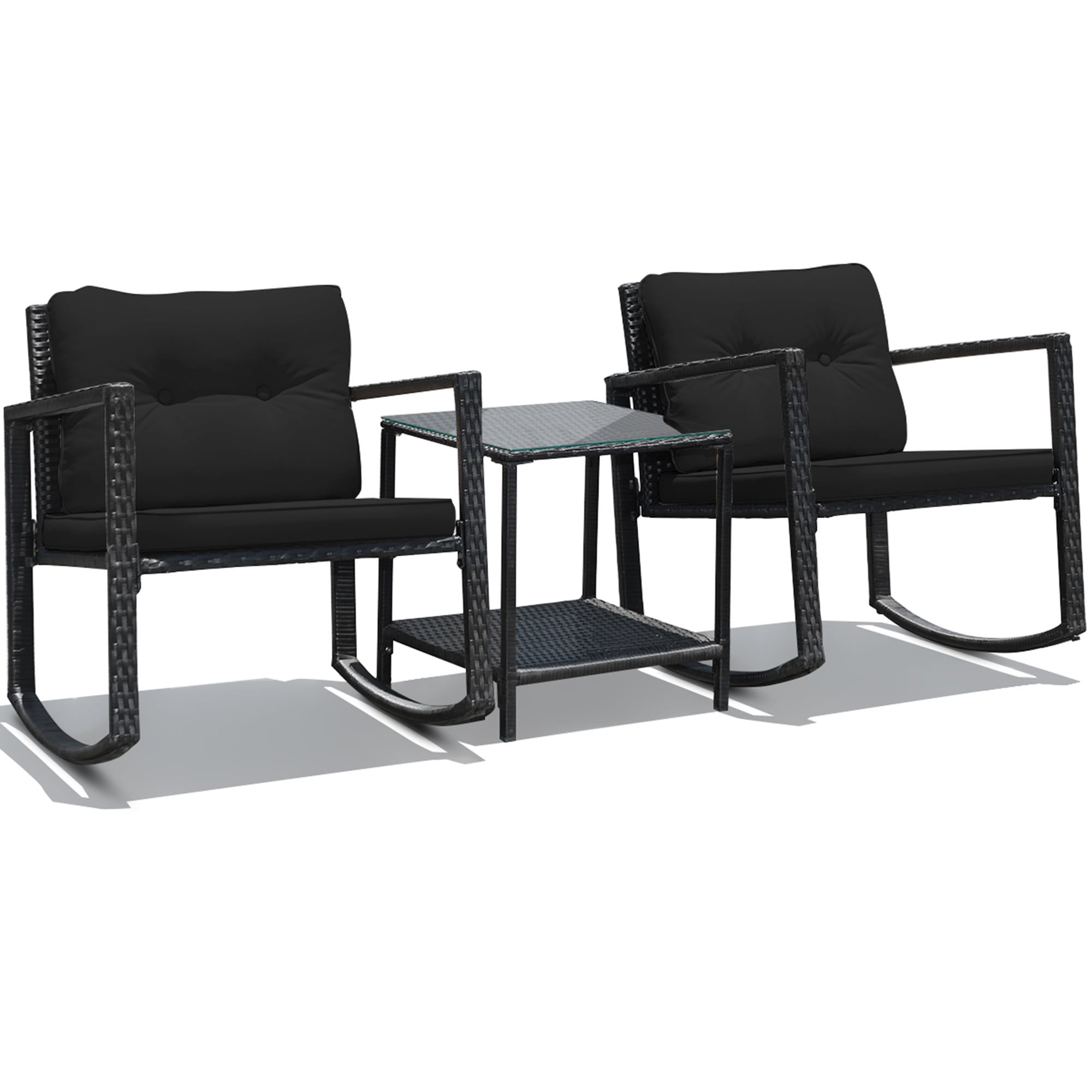 Gymax 3PCS Rattan Rocking Chair Table Set Patio Furniture Set w/ Black Cushions