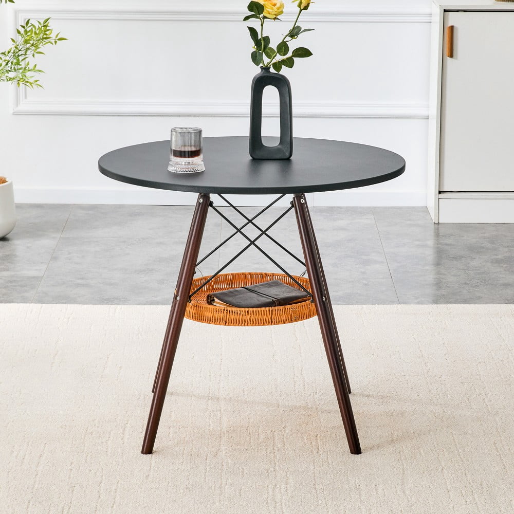 31.5" Round Dining Table, Black MDF Vacuum-Formed Tabletop with Walnut Solid Wood Legs, Woven Storage Basket, Modern Kitchen Table for 2-4
