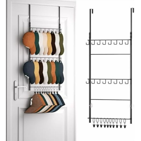 Over Door Hat Rack - 3 Tier Wall Mounted Hat Organizer with 16 Hooks and 10 Movable Clips, Baseball Cap Organizer Storage Holds up to 26 Caps for Door, Bedroom, Closet USPTO Patent Pending