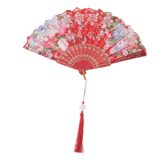 Unique Bargains Floral With Tassel Folding Fan 1Pc Red