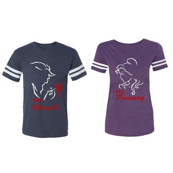Her Beauty His Beast Matching Couple Cotton Jerseys (Men Navy / Women Purple) (Men M / Women XL)