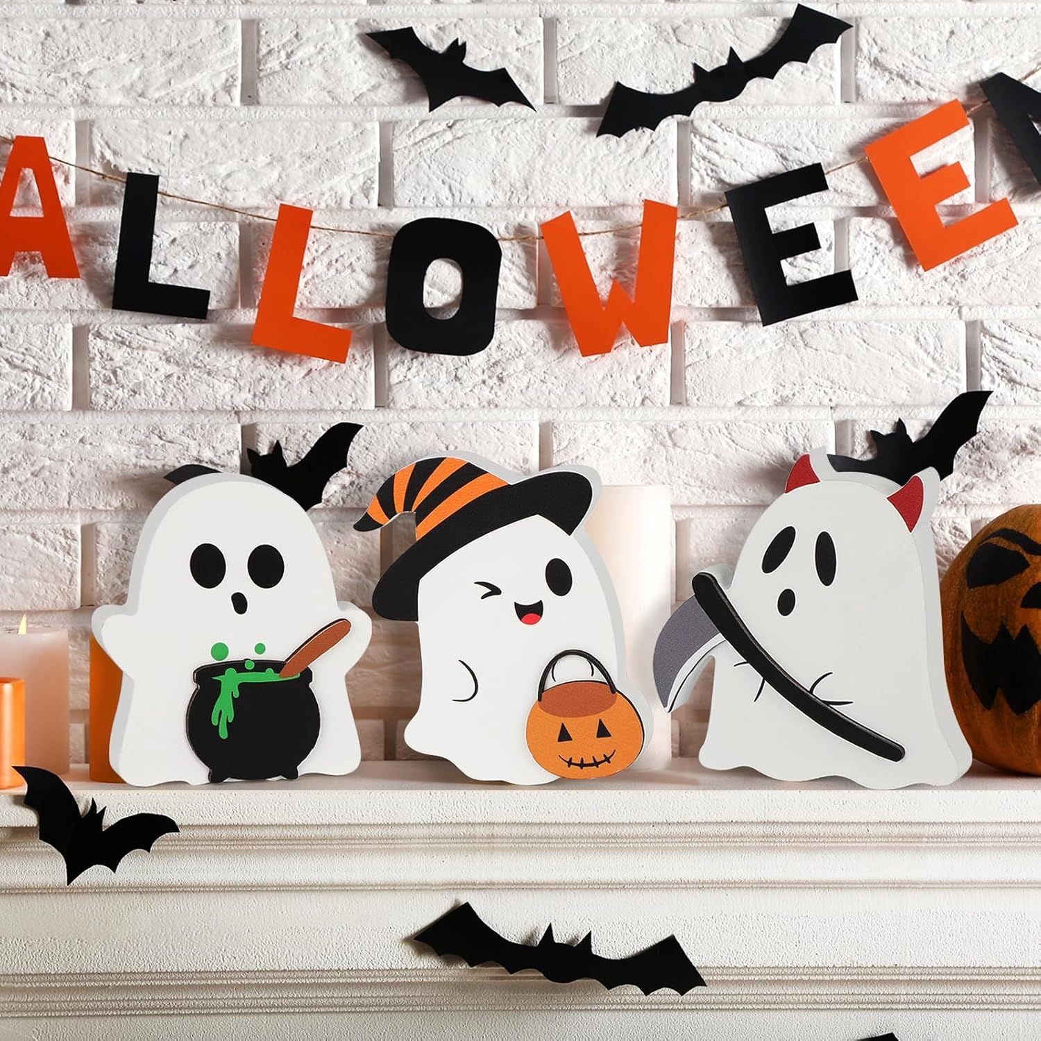 Set of 3 Cute Wooden Ghost Tiered Tray Decorations for Halloween Home Decor