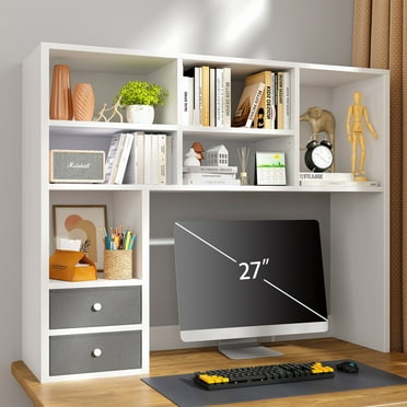 Desktop Bookshelf Desk Hutch Organizer Wood 8 Shelves and 2 Drawers Desk Organizer, White