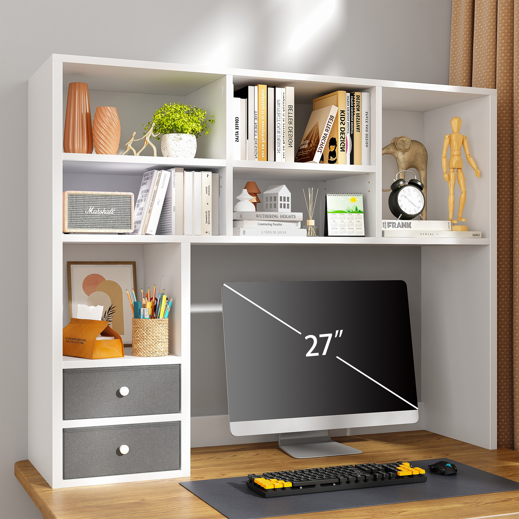 Desktop Bookshelf Wood Desk Hutch Organizer with 8 Shelves and 2 Drawers for Computer Desk,Adjustable 5-Tier Desk Storage Organizer,College Cube,Display Shelf Rack for Dorm Office Home,White