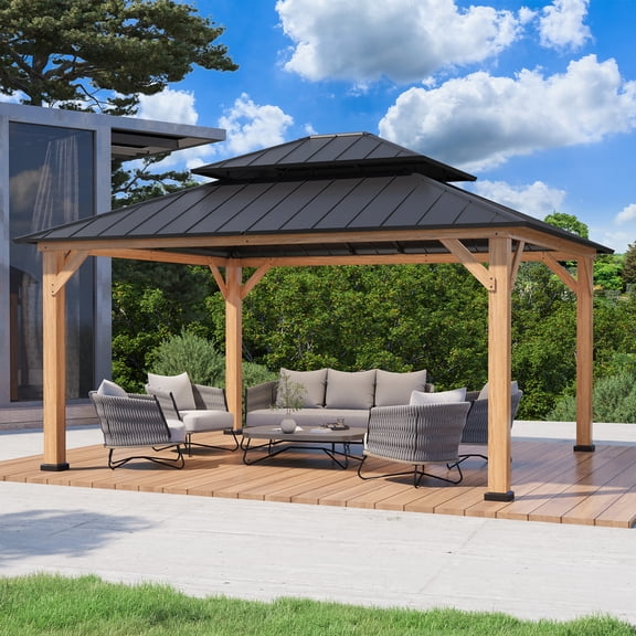 COOS BAY 13x15 Hardtop Gazebo Outdoor Wood Patio Gazebo Double Roof Galvanized Steel Gazebo Canopy, for Garden Patio,Patio Backyard,Deck and Lawns