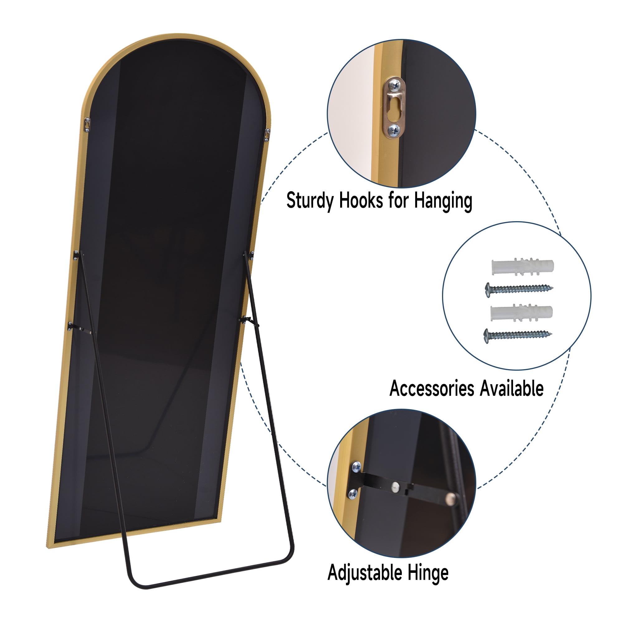 Anyrose 24"x65" Full Length Mirror with Arch-Top Standing Mirror Wall Mounted, Gold