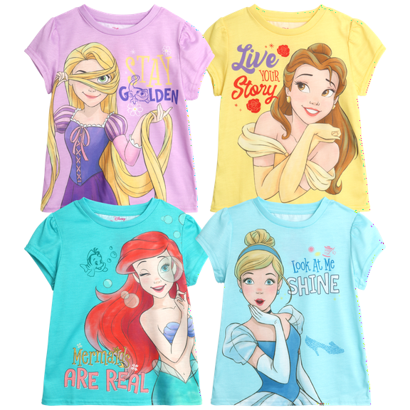 Disney Princess Girls T-Shirt - 4 Pack Soft Minnie Mouse, Princess Graphic Tees - Short Sleeve Shirts for Girls (2T-6)