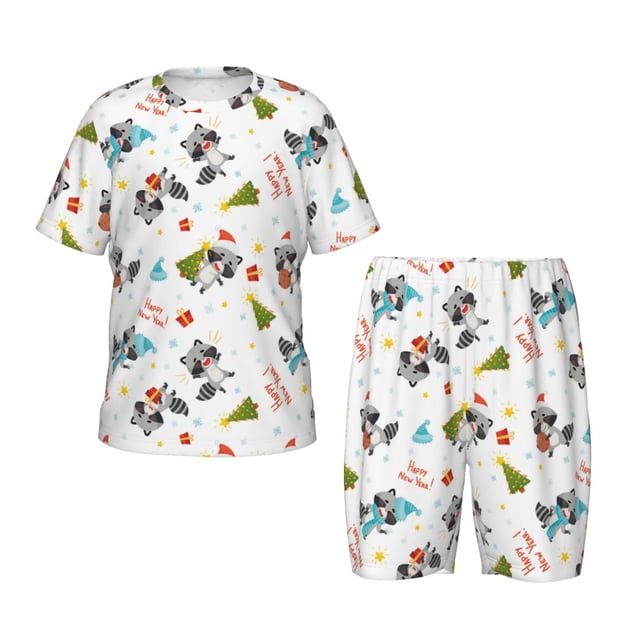 Balery happy new year Raccoon Conjunto de Pijama Infantil de Manga Corta con Estampado – Ropa de Dormir de Algodón Suave-3X-Large