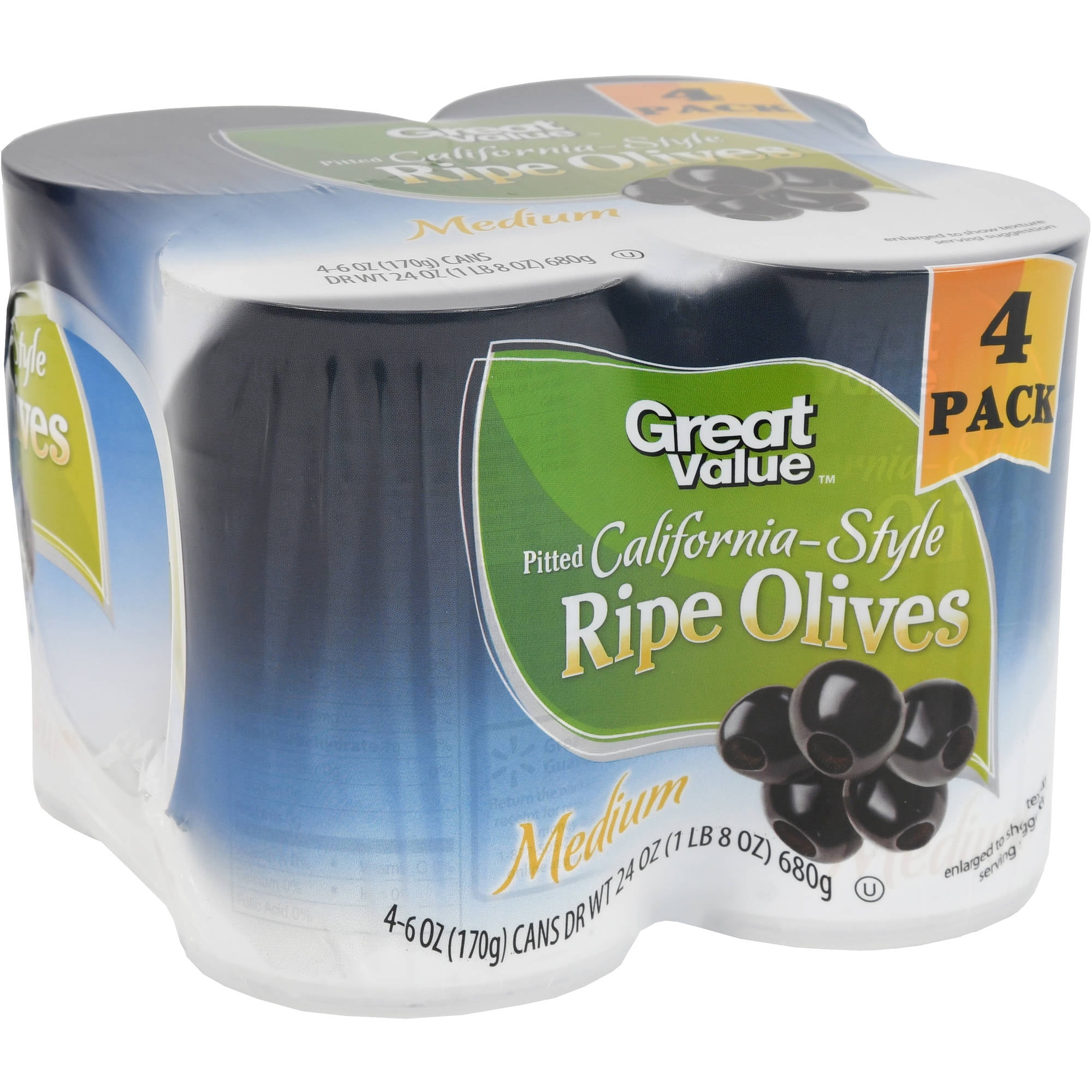 Great Value California-Style Pitted Medium Olives, 4 6 oz cans by Generic