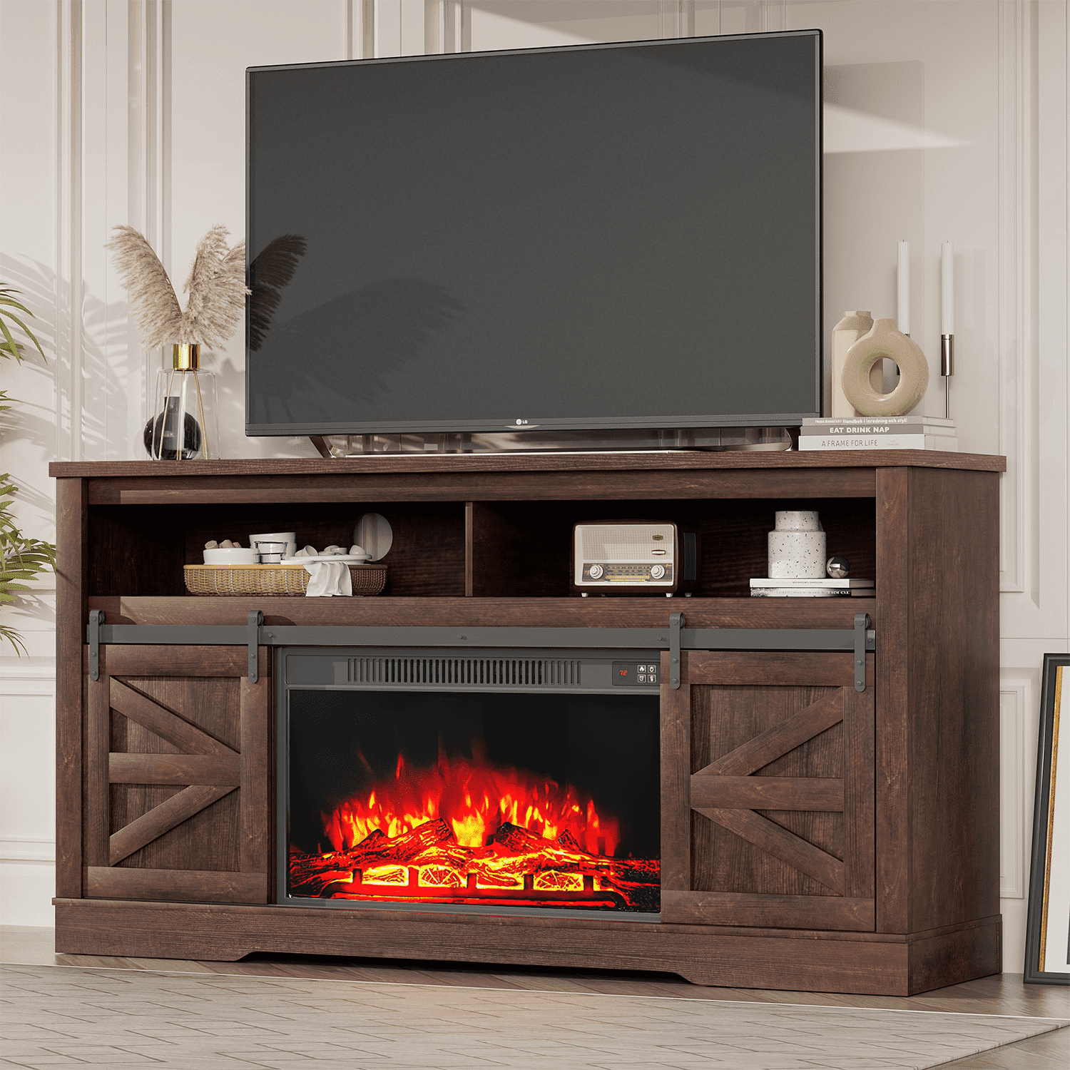 Homall Modern Farmhouse TV Stand with Electric Fireplace Media Storage TV Console Sliding Cabinet Doors,Brown