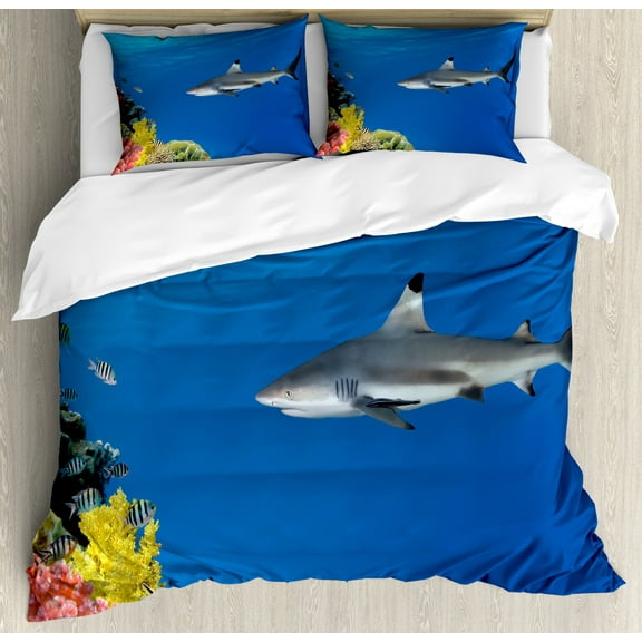 Shark Duvet Cover Set King Size, Tropical Underwater World with Fishes Swimming and Coral Reef Serene Wildlife Picture, Decorative 3 Piece Bedding Set with 2 Pillow Shams, Multicolor, by Ambesonne