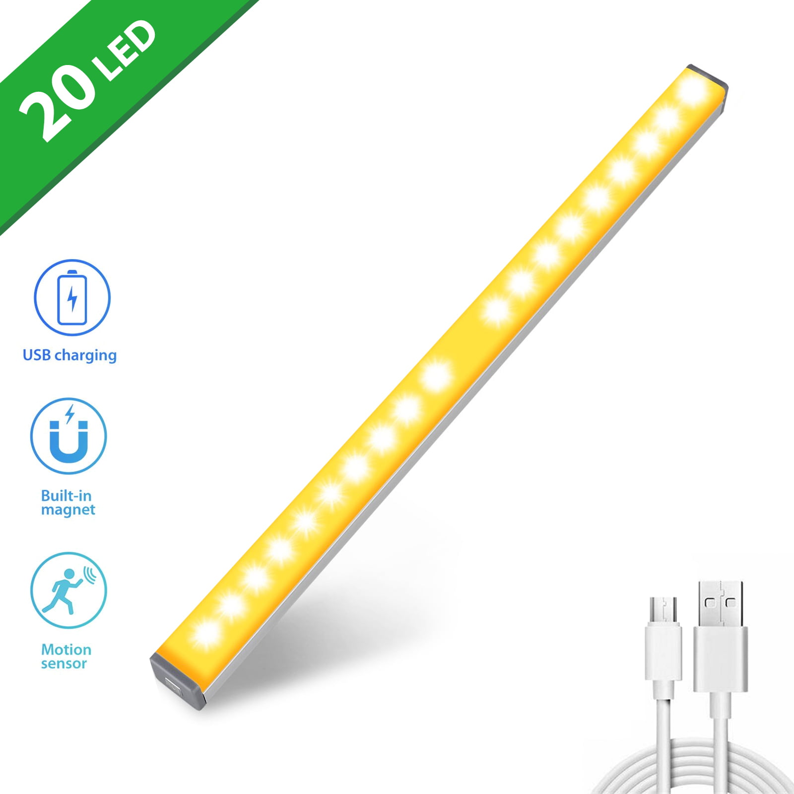 20 LED Motion Sensor Closet Lights USB Rechargeable Wireless Under Cabinet Lamp 