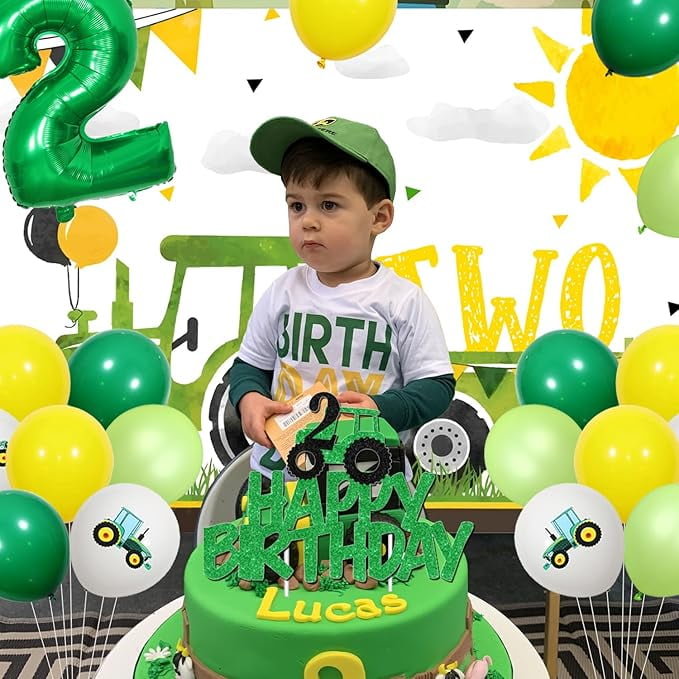 Tractor 2nd Birthday Decorations, Tractor Birthday Backdrop Green Tractor 2nd Birthday Cupcake Cake Toppers Balloon Garland Arch Kit for Boys Tractor Theme 2nd Birthday Party Supplies