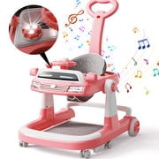 WonderStone 6 in 1 Baby Walker, Height-Adjustable Push Walker with Music & Light Toys, Baby Bouncer & Activity Center for Boys and Girls 6-18 Months (Pink)
