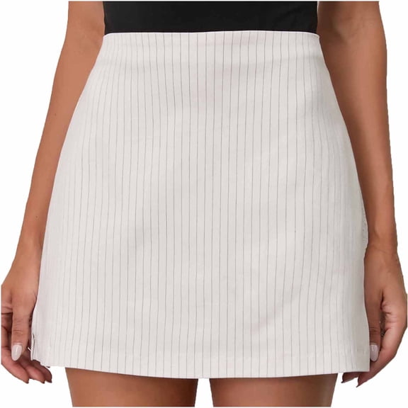 Floleo Women's High Waist Pinstripe Lined Mini Skort Casual Office A-Line Skirt with Side Slits Stretch Striped Suit Skirt Everyday Work Casual Skort for Women(White,S)
