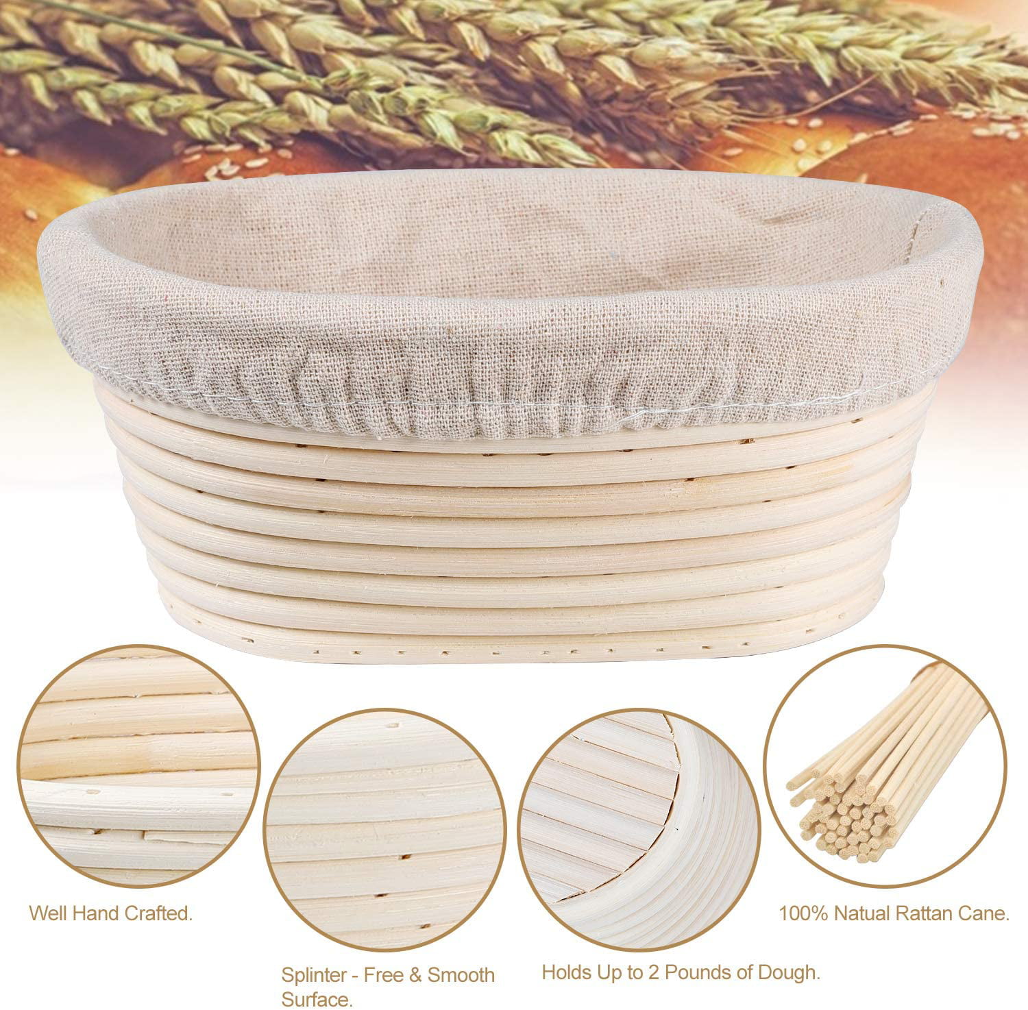 Steel-Clamped Scraper Wicker Cane Oval, for 1.5 & 2.2 lb of Sourdough w/Covering Banneton Bread Proofing Basket Set of 2 Stainl Natural Fermentation Baskets