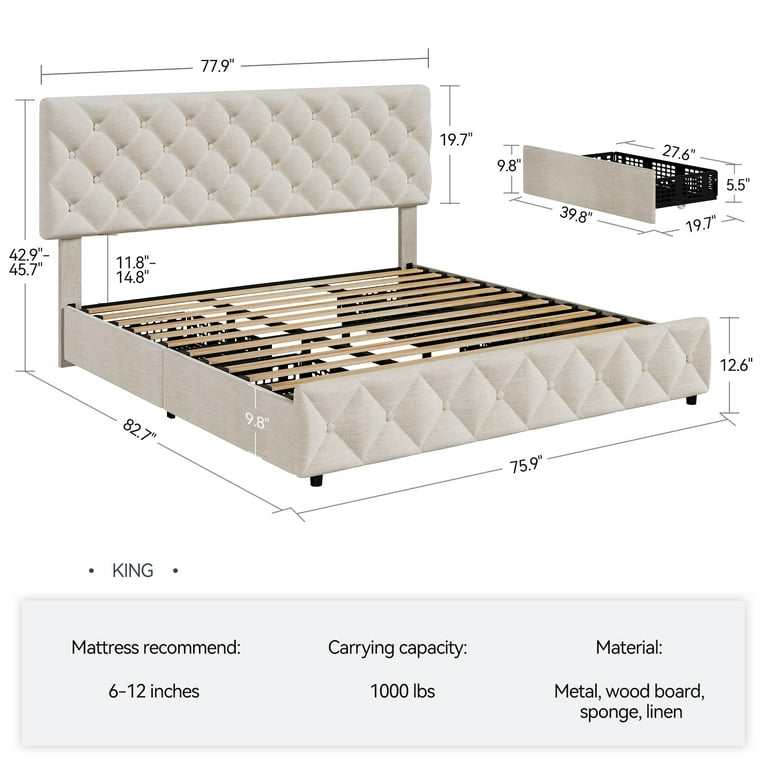 Homhougo King Size Bed Frame with Adjustable Headboard and 4