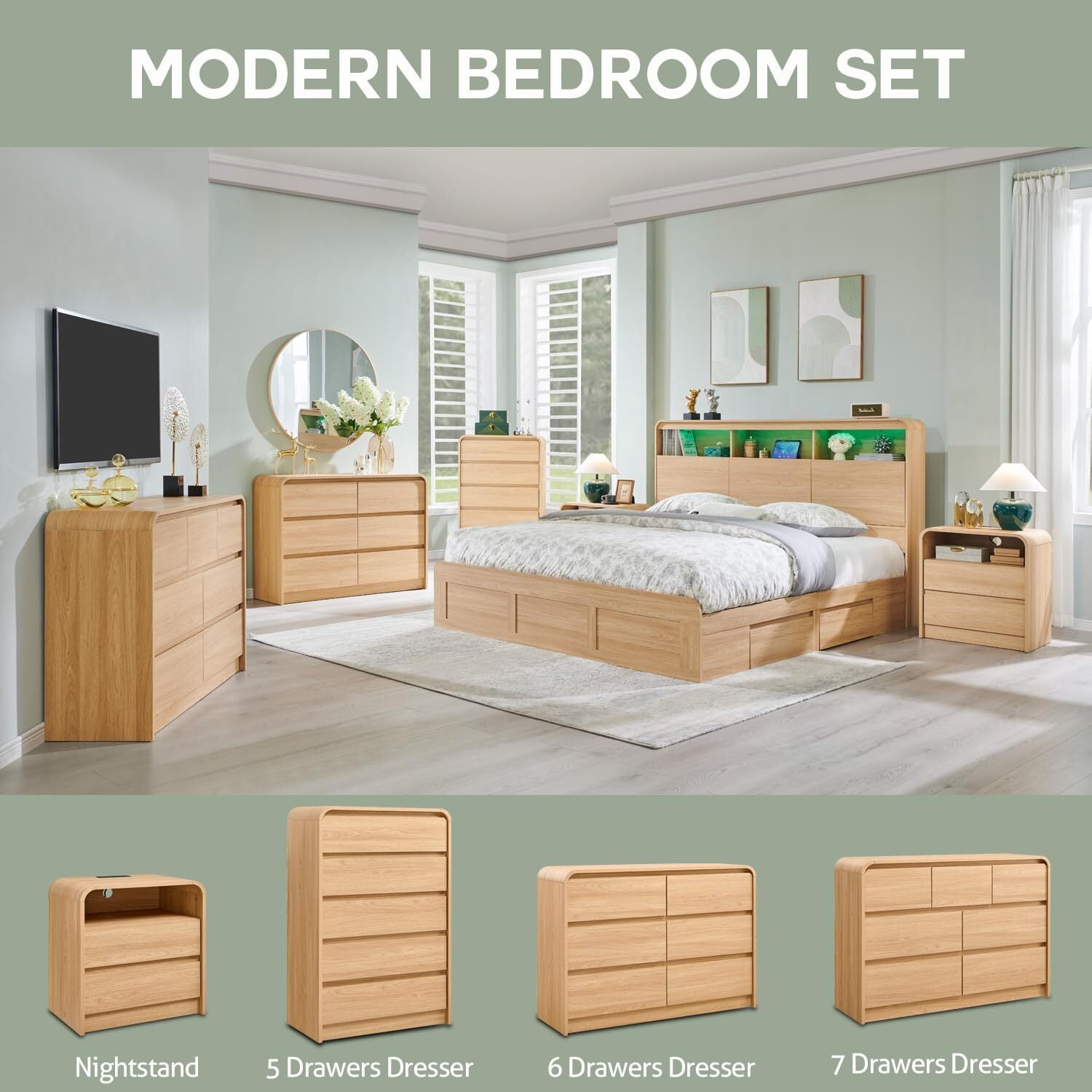 wow97e Modern 6 Drawers Dresser for Bedroom, 47" Wide Wood Chest of Drawers w/Curved Profile Design, for Bedroom, Living Room, Natural Oak