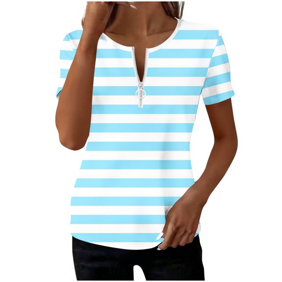 Guluxicc V Neck T Shirts for Women Short Sleeve Stripe Printed Half Zipper Cozy Fit Tops Spring Summer Womens Shirts