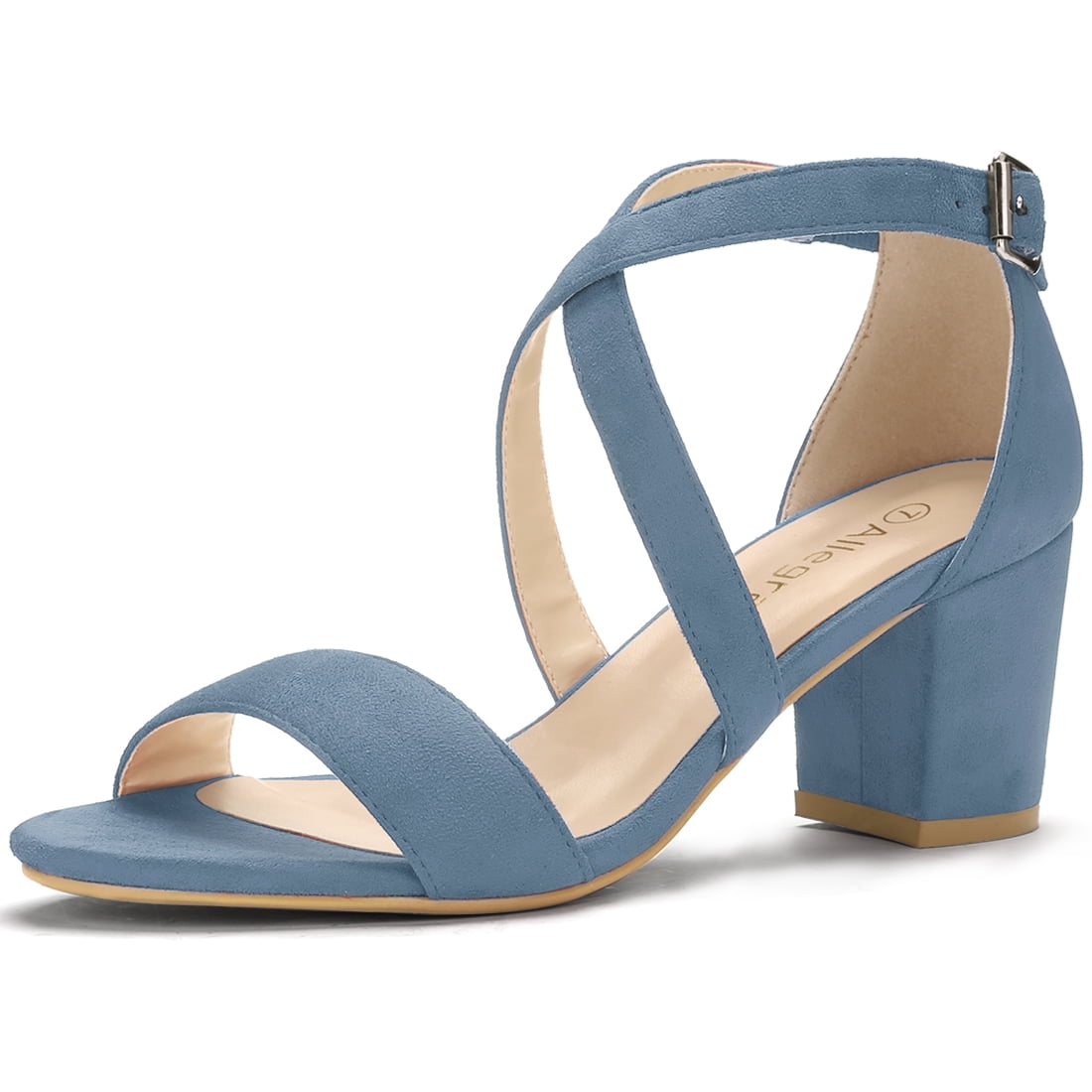 Unique Bargains Women Open Toe Cross Strap Mid Block Heel Haze Blue Sandals 5 M US