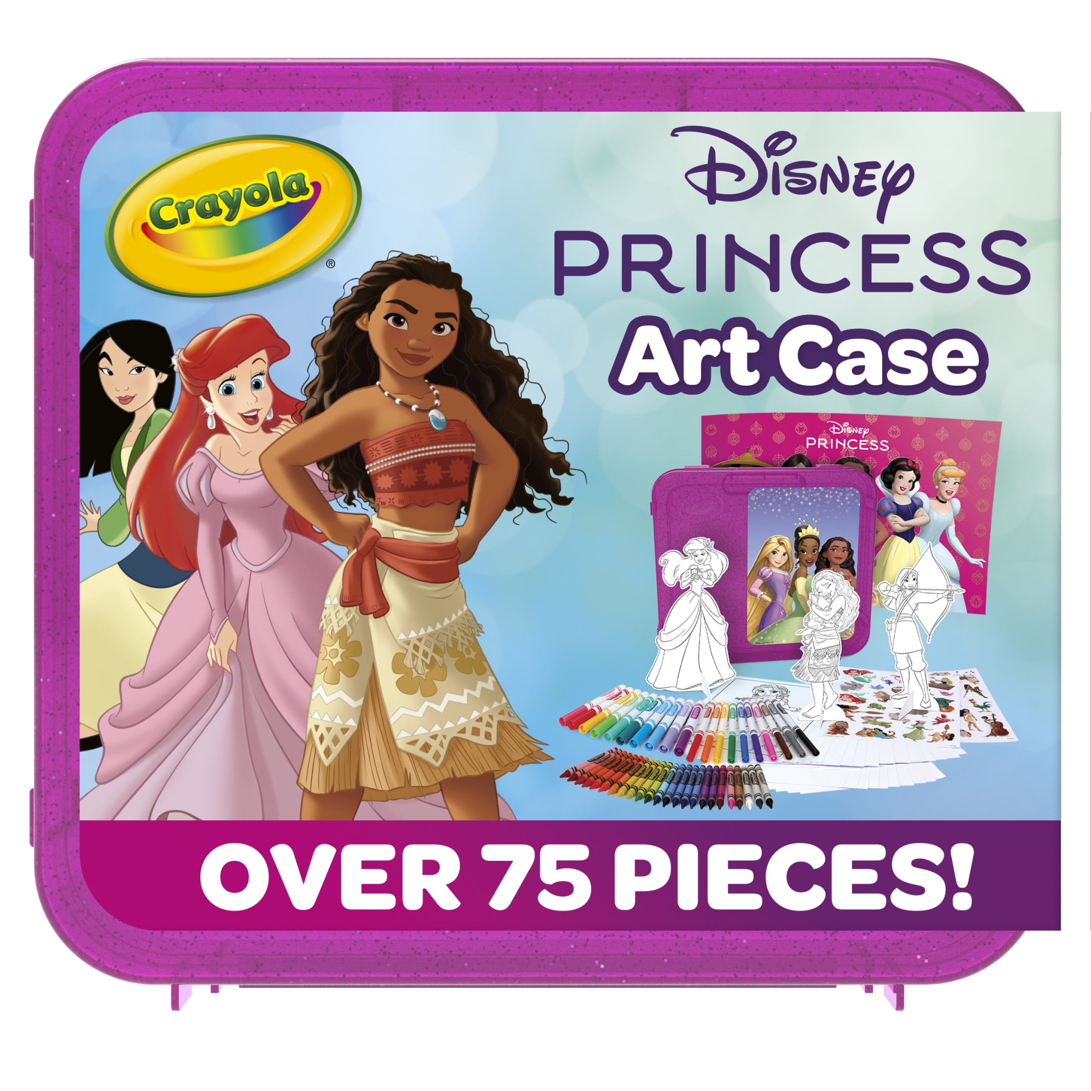 Crayola Disney Princess Art Case, 75 Pcs, Markers & Crayons Coloring Set, Travel Activity, Moana Ariel Gift for Girls & Boys,5+