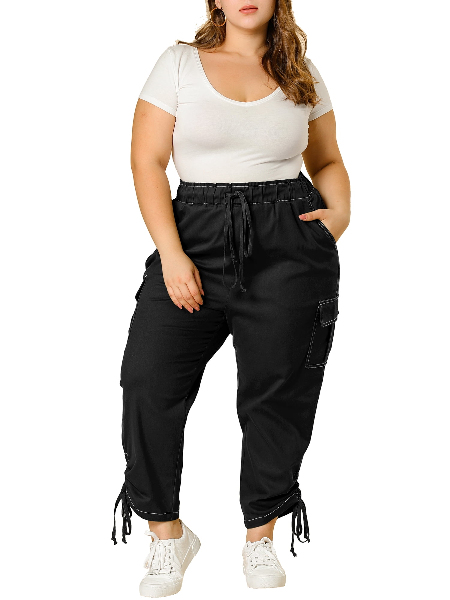 Plus Size Cargo Pants for Women High Waist Drawstring Elastic Waist 4X Black