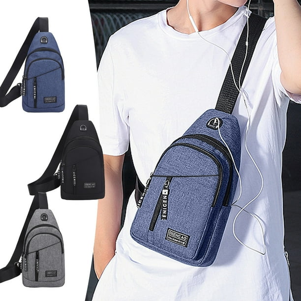 Mochila bandolera - Bolsa bandolera ajustable con entrada para auriculares, bolsa multiusos de gran capacidad para senderismo y viajes, negra/azul oscuro/gris