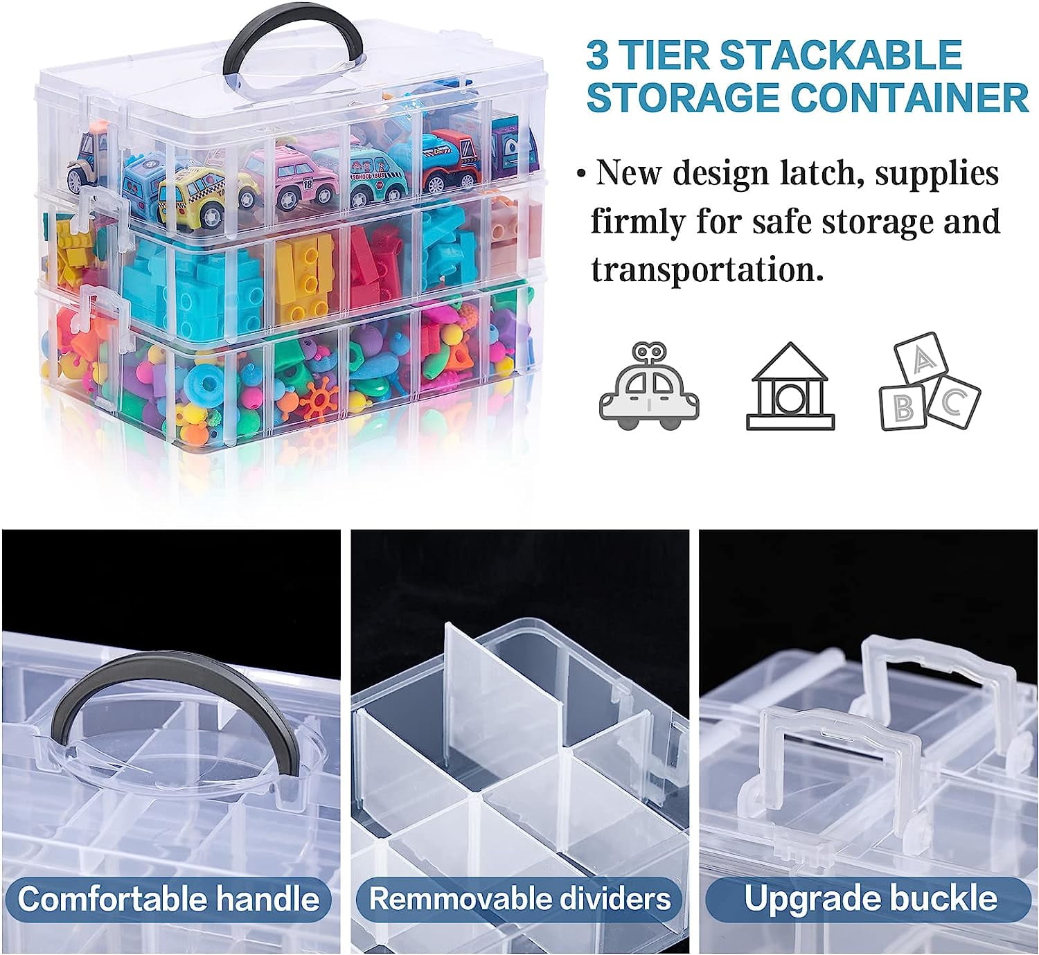 Craft Storage Container, 3-Tier Stackable Storage Container with 30 Adjustable Compartments for Art Supplies, Beads, Washi Tapes, Seed, Hair Accessories, Nail - Clear