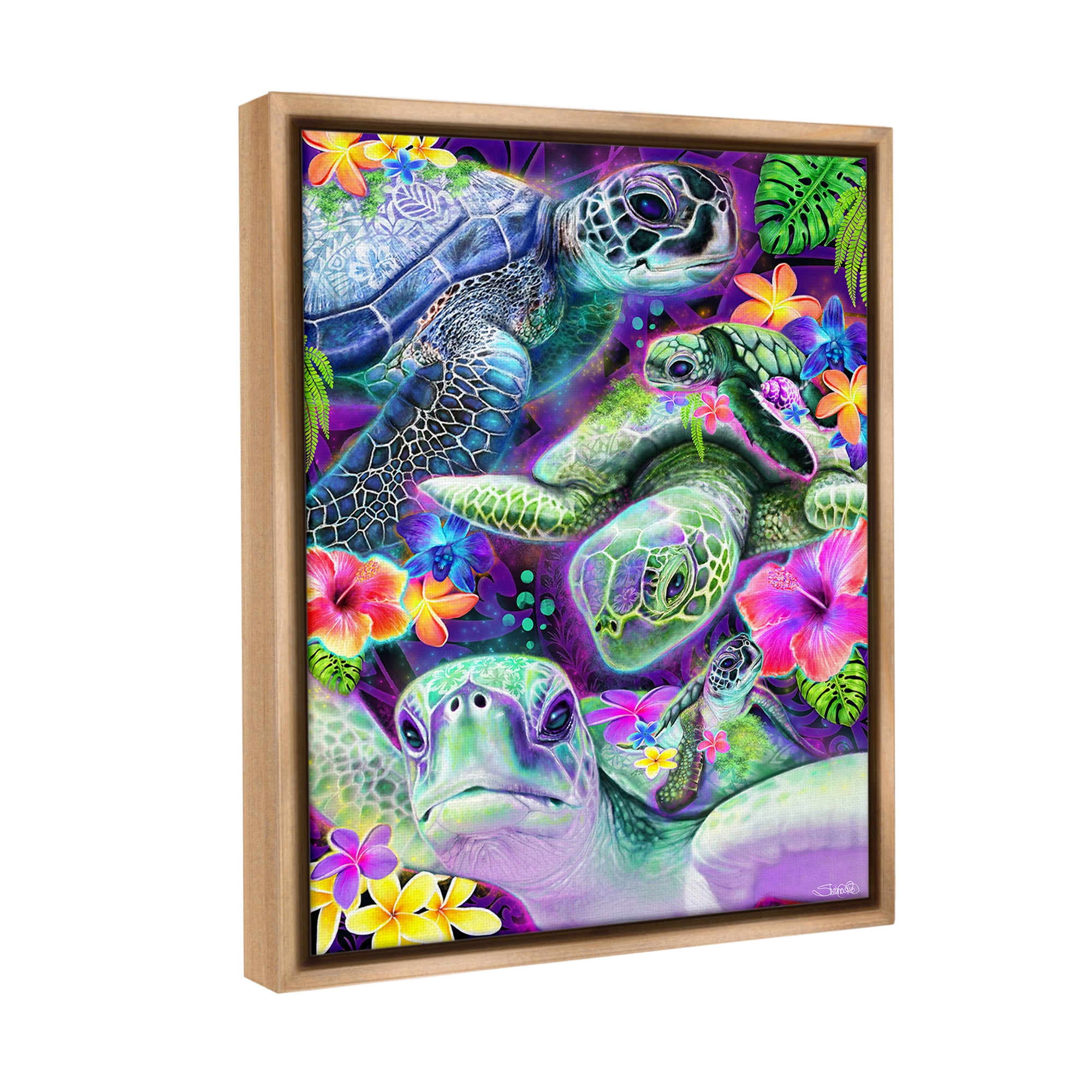 Stupell Industries Tropical Turtles & Hibiscus Animals & Insects Painting Brown Floater Framed Canvas Art Print Wall Art, 25 x 31