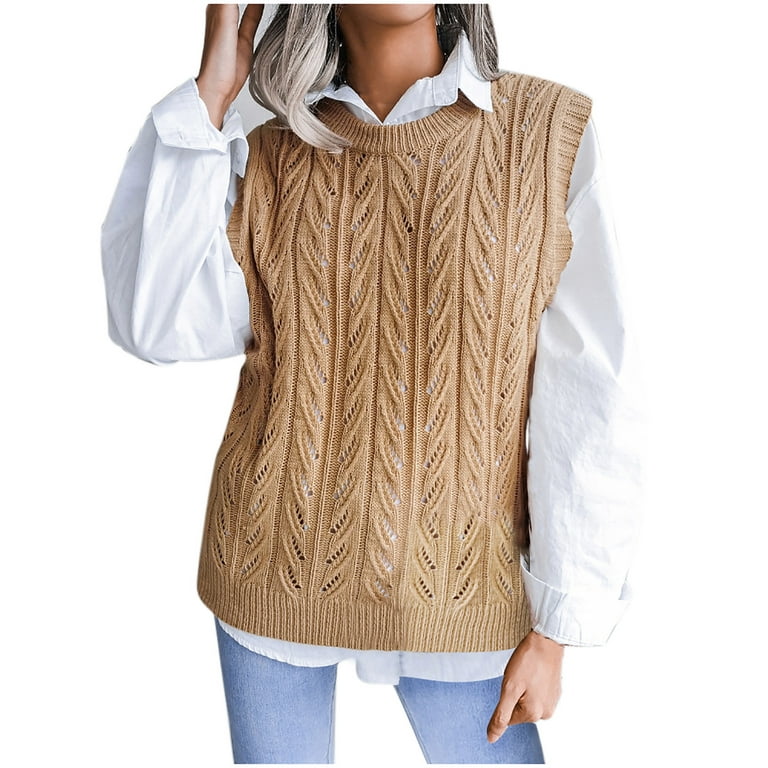 ZQGJB Women Sweater Vest Casual Round Neck Cable Knit Pullover Sweaters  Fall Winter Loose Fit Solid Color Crochet Knitted Tank Tops(Khaki,M)