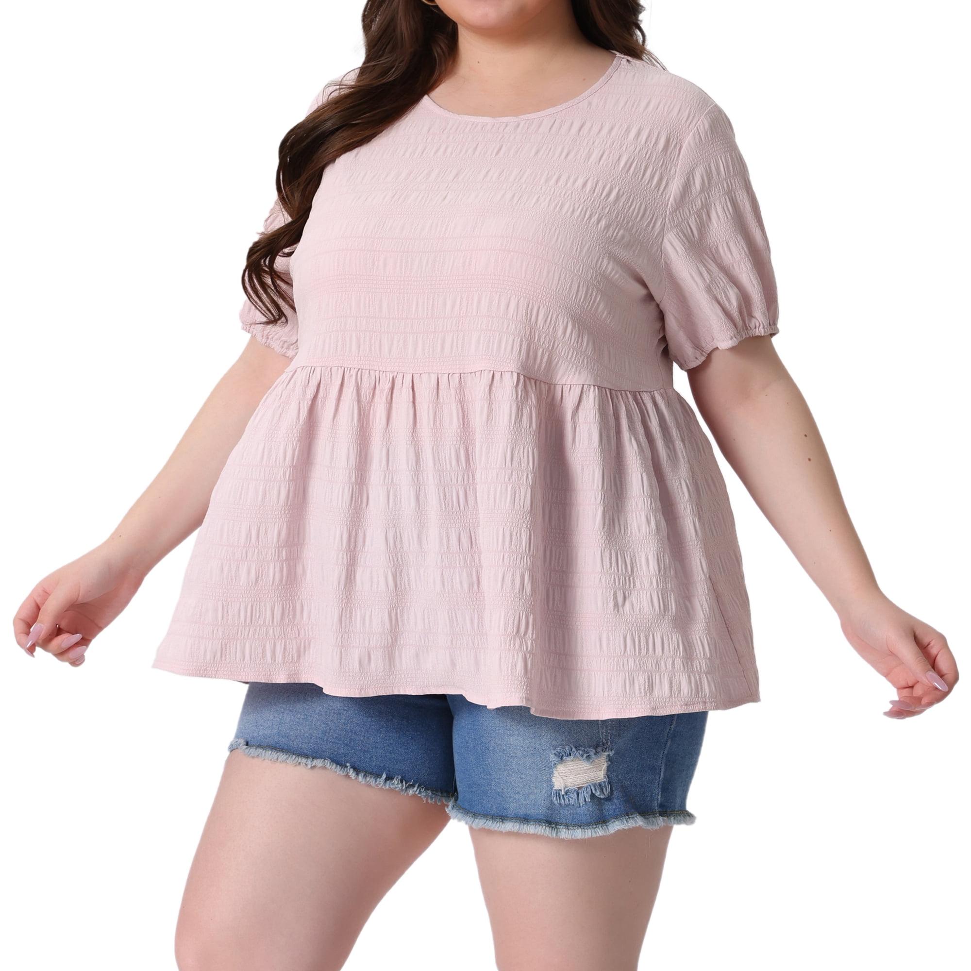 Women's Plus Babydoll Tops Crewneck Short Sleeve Loose Fit Flowy Blouse 3X Light Pink