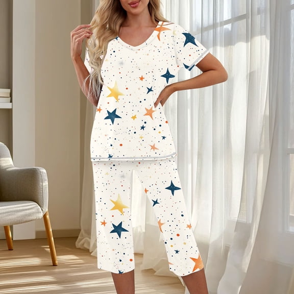 Lorytime Loungewear Sets Woman Short Sleeve V Neck T Shirts Elastic Waist Capri Pants with Pockets Pajama Star Sleepwear