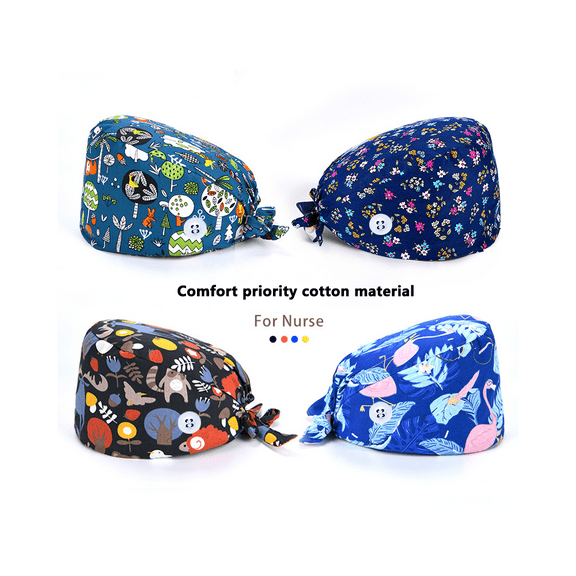 4 Pack Working Cap Scrub Caps with Button and Sweatband Printed,Gourd-Shaped Bouffant Hats Adjustable Tie Back Surgical Cap for Women Men