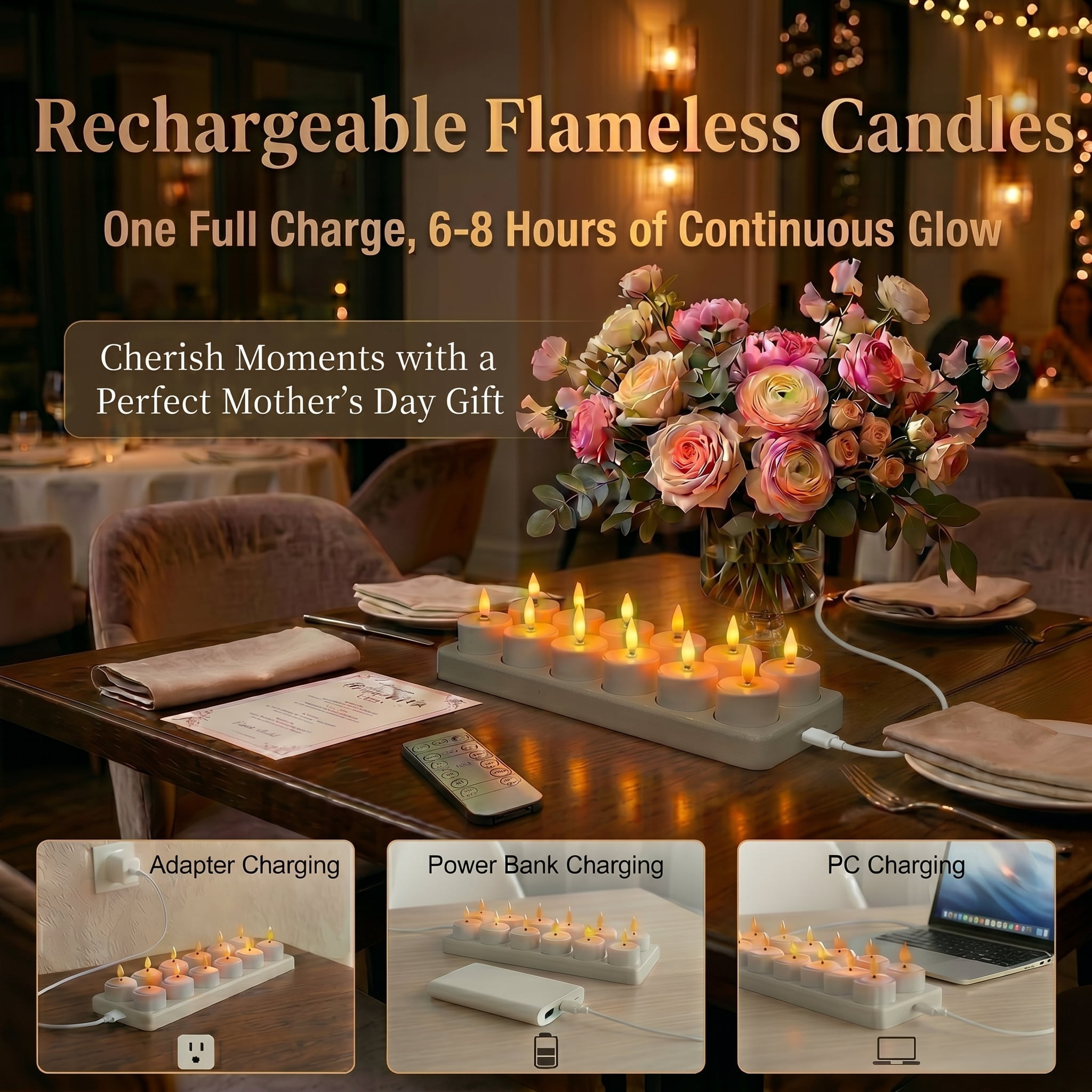 Modern Madame 12-Pack Rechargeable LED Tea Lights, Flameless Candles with Remote & Base for Mother's Day, Birthday, Wedding Decor
