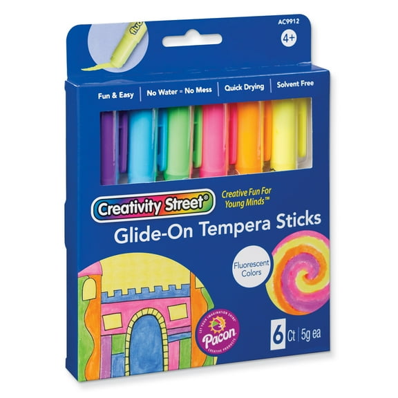 Creativity Street Glide-On Tempera Paint Sticks, 6 Assorted Fluorescent Colors, 5 grams, 6 Count