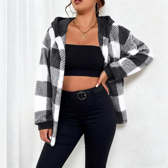 Ounisa Plaid Jacket for Woman Hooded Fuzzy Sherpa Fleece Jacket Button Down Plus Size Winter Coats Buffalo Plaid Shacket