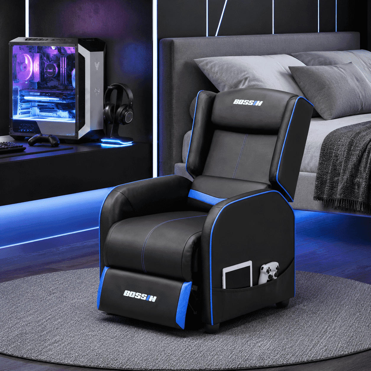 Gaming Recliner Chair with Footrest, Ergonomic High Back PU Leather Video Game Chair, Reclining Lounge Chair with Side Storage Pocket for Adults, Home Theater, Office and Gaming Room