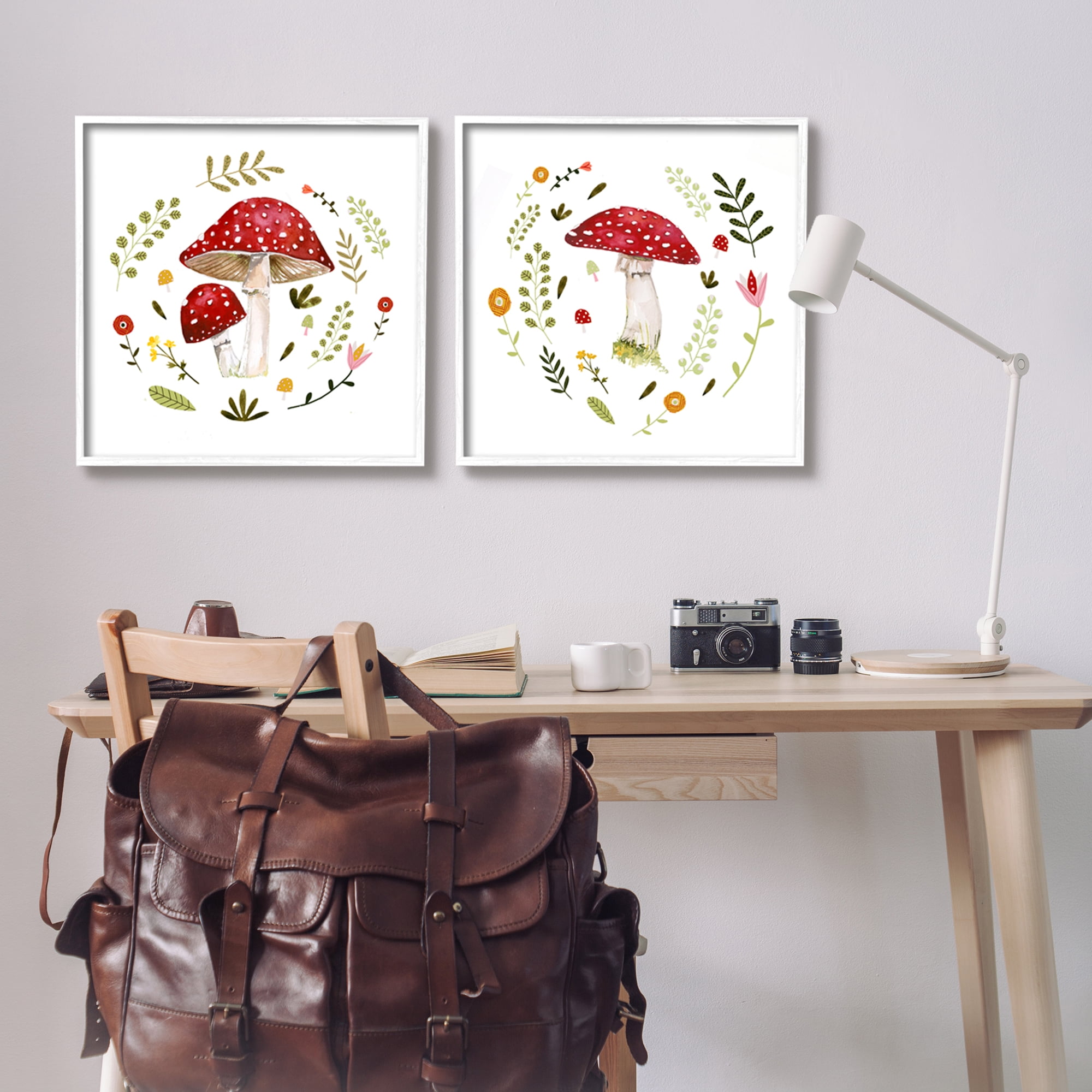 Stupell Industries Mushrooms & Flower Sprouts Botanical & Floral Painting White Framed Art Print Wall Art, 24 x 24, Set of 2